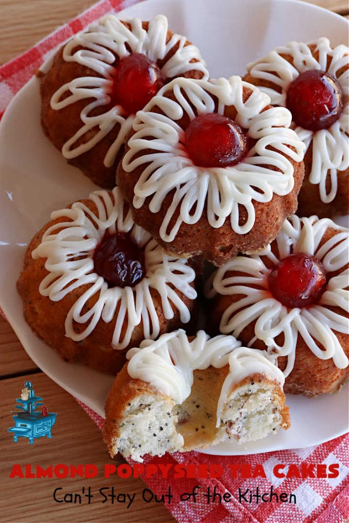 Almond Poppyseed Tea Cakes | Can't Stay Out of the Kitchen | these amazing #TeaCakes are irresistible & mouthwatering. They include both #almond flavoring & #almonds along with #poppyseeds to give flavor & texture to the #cake. These are fantastic for #holiday or #Christmas parties, but delightful enough to make all year long. Prepare to drool over every bite! #dessert #HolidayDessert #AlmondPoppyseedTeaCakes