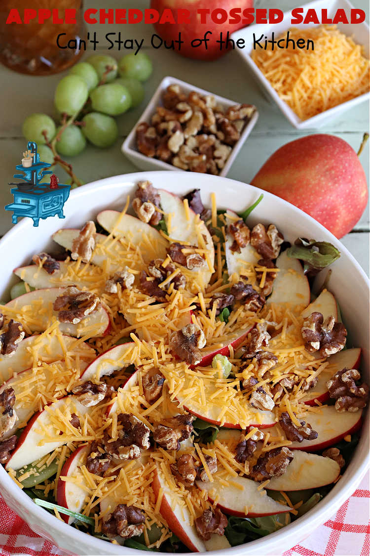 Apple Cheddar Tossed Salad | Can't Stay Out of the Kitchen | This light & refreshing #TossedSalad includes #apples, #grapes, #ToastedWalnuts & #CheddarCheese. The Homemade #SaladDressing is fantastic. This is a terrific #salad for company or #holiday dinners as well as regular family dinners. #GlutenFree #healthy #SideDish #AppleCheddarTossedSalad
