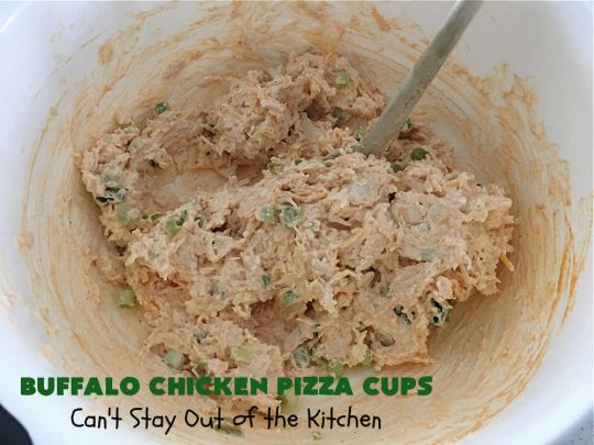 Buffalo Chicken Pizza Cups | Can't Stay Out of the Kitchen | these scrumptious miniature #pizzas include #BuffaloChickenDip in the centers & they're topped with 3 #cheeses including #mozzarella, #TacoCheese & #BlueCheese crumbles. Sensational #appetizer for #holidays, #tailgating parties, potlucks or the #SuperBowl. #BuffaloChicken #chicken #BuffaloChickenPizzaCups