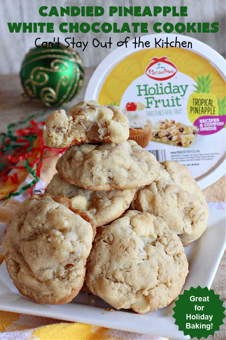 Candied Pineapple White Chocolate Cookies | these delightful #OatmealCookies include #CandiedPineapple & #WhiteChocolateChips for a robust flavor that will knock your socks off! Terrific for #holiday or #tailgating parties or a #ChristmasCookieExchange. #cookies #ParadiseCandiedFruit #chocolate #ParadiseFruitCompany #pineapple #holiday #dessert #HolidayDessert #HolidayBaking #Christmas #Thanksgiving #NewYearsDay #CandiedPineappleWhiteChocolateCookies