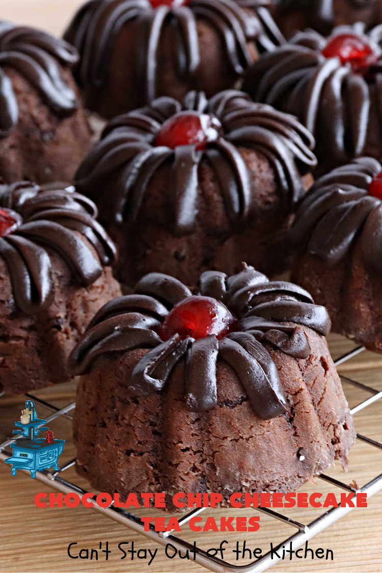 Chocolate Chip Cheesecake Tea Cakes | Can't Stay Out of the Kitchen | these scrumptious #TeaCakes are so easy to make since they start with a #chocolate #CakeMix. They include #Cheesecake #PuddingMix & miniature #ChocolateChips. These are a delectable treat for #holidays and #Christmas baking. Everyone will swoon over them! #dessert #ChocolateDessert #HolidayDessert #cake #ChocolateChipCheesecakeTeaCakes