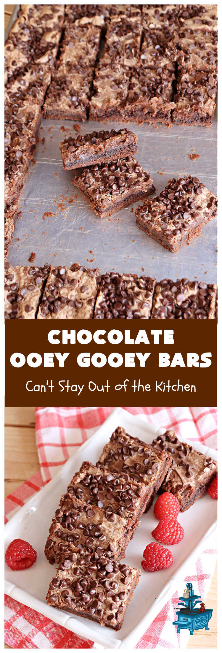 Chocolate Ooey Gooey Bars | Can't Stay Out of the Kitchen | You'll be raving over every drool-worthy bite of these fantastic #OoeyGooeyBars. They're made with 3 kinds of #chocolate & just ooze deliciousness in every bite. The #Cheesecake layer alone will leave you swooning! #cookie #brownie #tailgating #dessert, #CreamCheese #ChocolateChips #ChocolateDessert #HolidayDessert #OoeyGooeyDessert #ChocolateOoeyGooeyBars