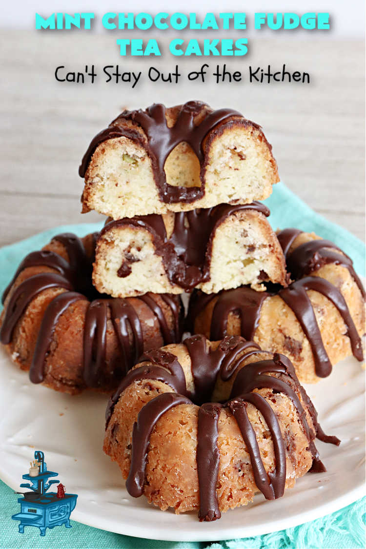 Mint Chocolate Fudge Tea Cakes | Can't Stay Out of the Kitchen | these breathtaking #TeaCakes include lots of #chocolate with just a hint of #mint. This dynamic duo of flavors is absolutely irresistible. This #dessert is so mouthwatering & irresistible you'll put it on your menu frequently. Great for #holidays, special occasions and potlucks. #cake #ChocolateDessert #HolidayDessert #Bundt #MintChocolateFudgeTeaCakes