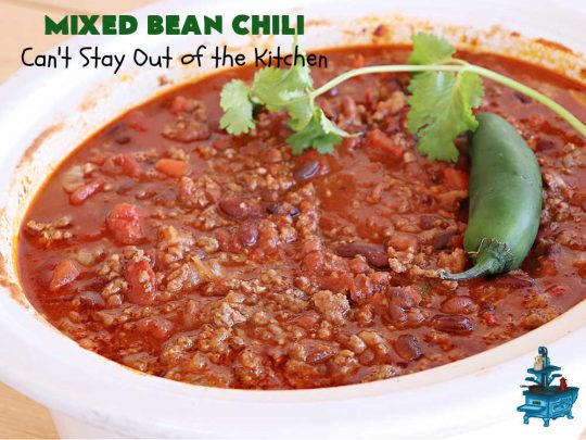 Mixed Bean Chili | Can't Stay Out of the Kitchen | this favorite #chili #recipe is extra meaty using lean #GroundBeef & sweet #ItalianSausage. This #SlowCooker chili is terrific for company dinners or #tailgating parties since it makes a lot. #BlackBeans #RedKidneyBeans #PintoBeans #tomatoes #GlutenFree #JalapenoPepper #MixedBeanChili