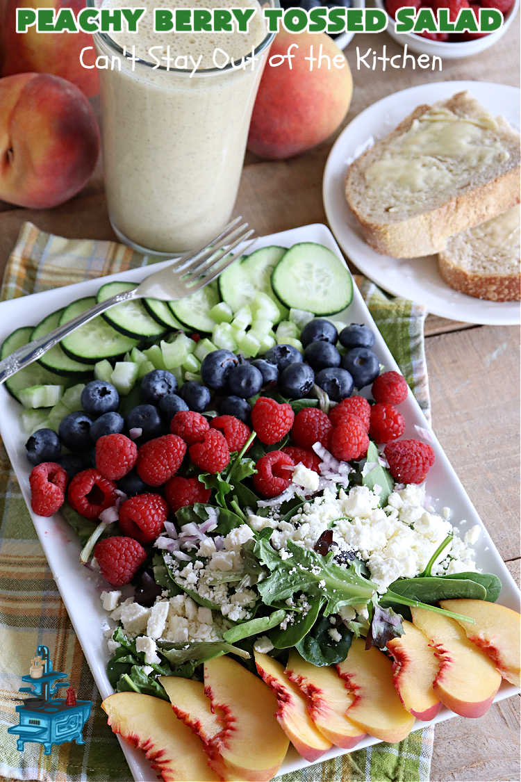 Peachy Berry Tossed Salad | Can't Stay Out of the Kitchen | this scrumptious #TossedSalad rates A+ with our family! It's made with fresh #peaches, #raspberries, #blueberries & FetaCheese. The #SaladDressing uses #healthy ingredients & also includes #FreshPeaches. This sensational #salad is fantastic for company or #potlucks, but so delicious you'll want to make it frequently for your family! #GlutenFree #PeachyBerryTossedSalad