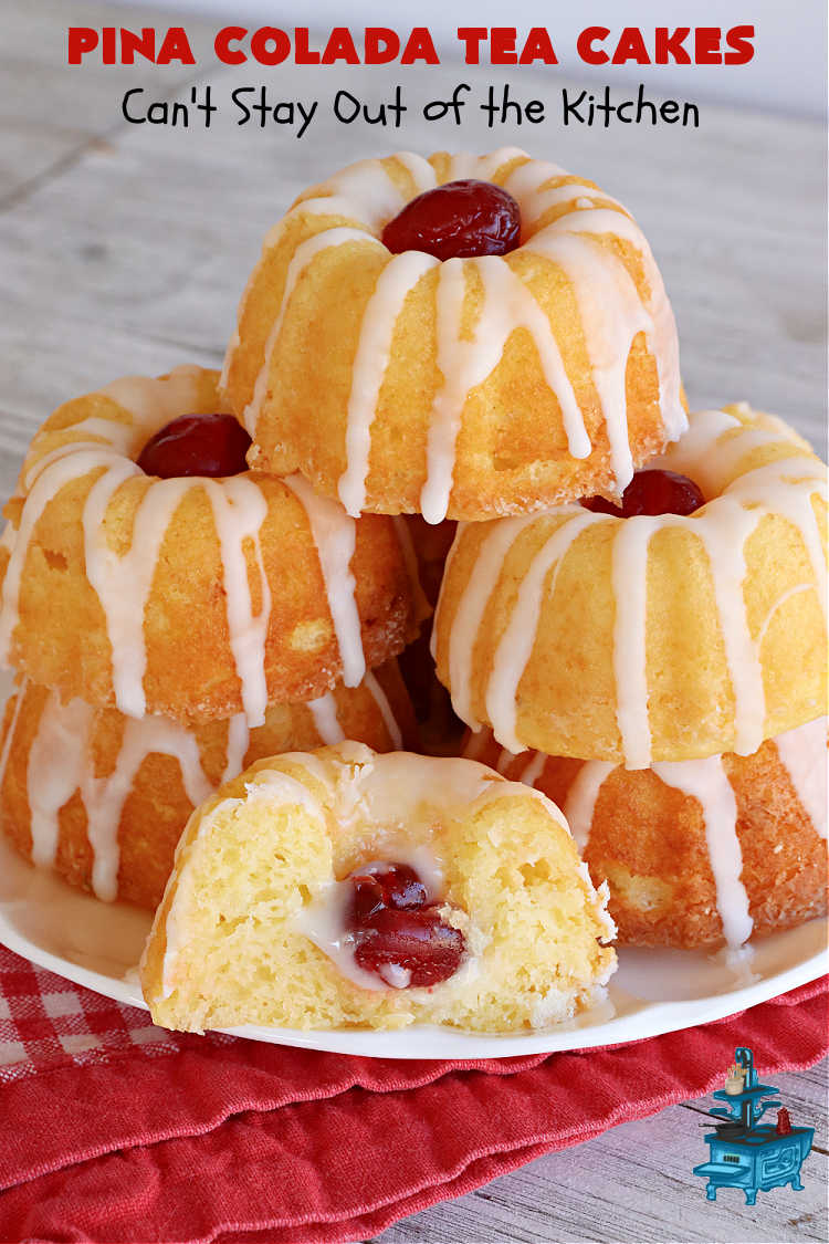 Pina Colada Tea Cakes | Can't Stay Out of the Kitchen | these scrumptious #TeaCakes are packed with #PinaColada flavor including a #Pineapple cake mix, pineapple gelatin, vanilla chips & #coconut. They're glazed with a luscious powdered sugar icing too. These miniature #Bundt #cakes are marvelous for #holiday or #Christmas baking. #HolidayDessert #PinaColadaDessert #PinaColadaTeaCakes