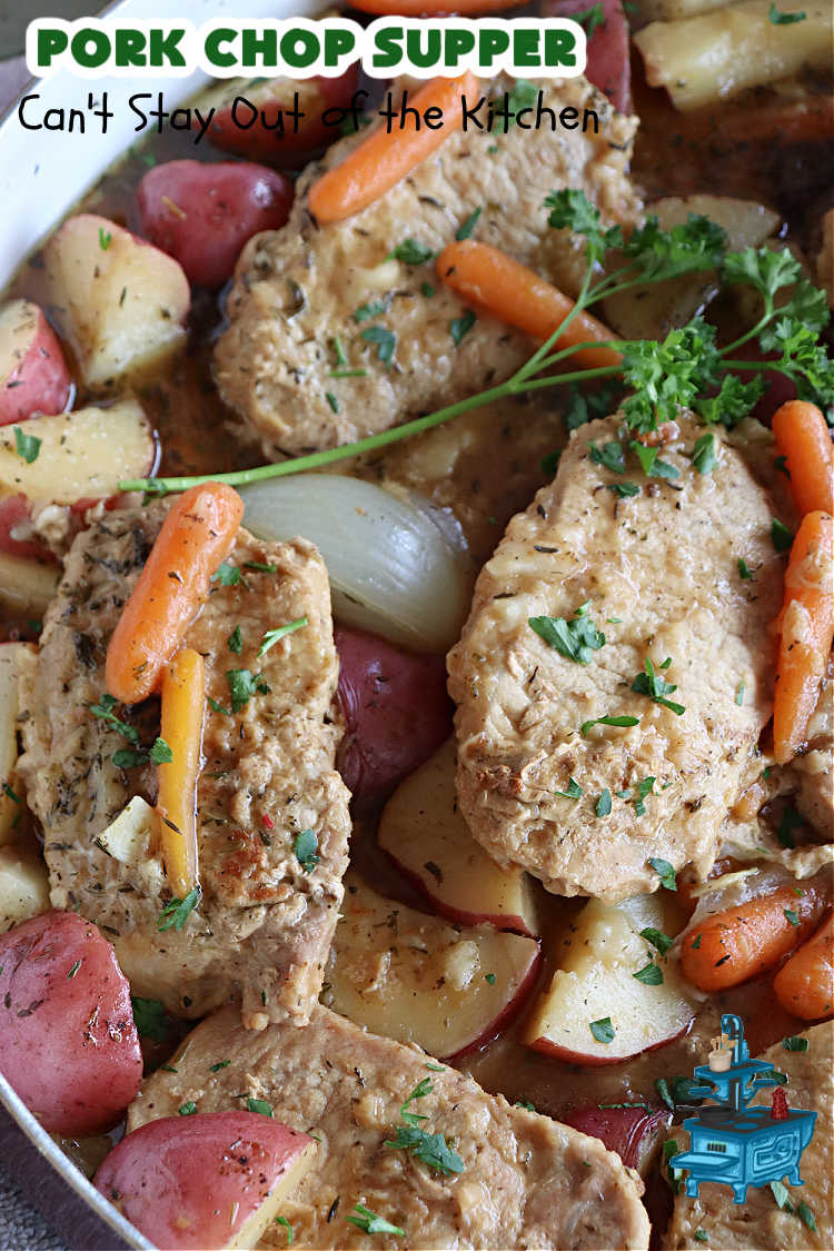 Pork Chop Supper | Can't Stay Out of the Kitchen | this is a fantastic #OneDishMeal #recipe where everything cooks together in the same skillet. #RedPotatoes, #carrots & #SmotheredPorkChops come together in a deliciously seasoned #SkilletDinner that's quick & easy. This meal-in-one can be prepared in under an hour making it a great option for busy week-night suppers. #PorkChopSupper