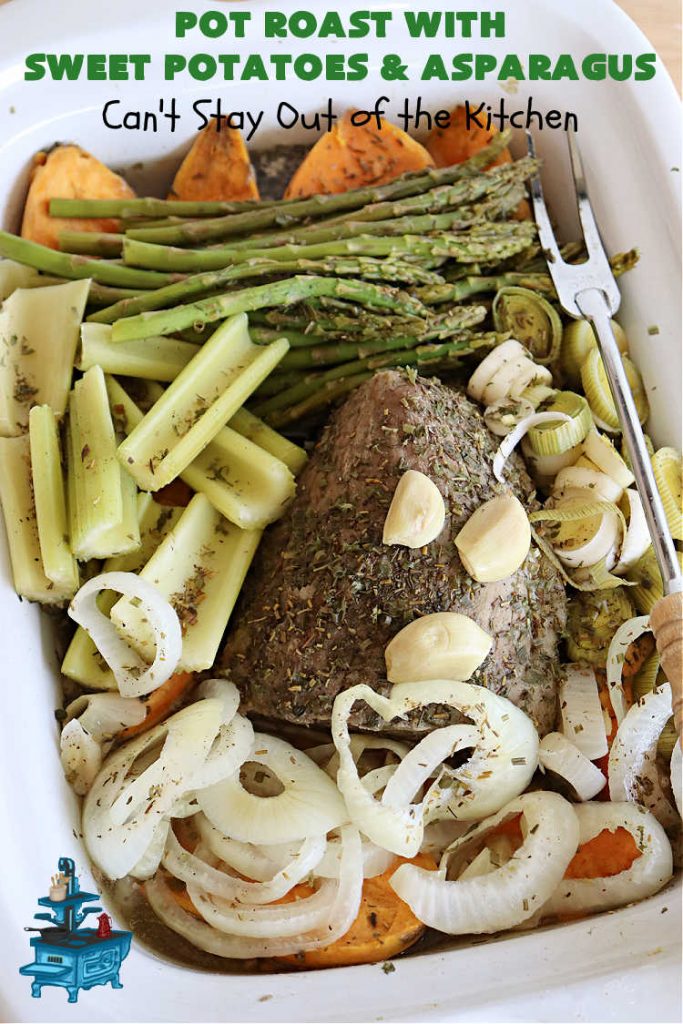 Pot Roast with Sweet Potatoes & Asparagus | Can't Stay Out of the Kitchen | This easy #SlowCooker #recipe is the perfect way to enjoy #PotRoast without the excess calories of gravy! It includes #SweetPotatoes & #asparagus & is seasoned perfectly for #MeatAndPotato lovers. #beef #GlutenFree #PotRoastWithSweetPotatoesAndAsparagus