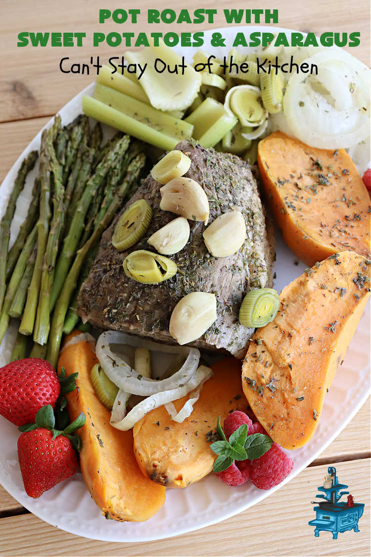 Pot Roast with Sweet Potatoes & Asparagus | Can't Stay Out of the Kitchen | This easy #SlowCooker #recipe is the perfect way to enjoy #PotRoast without the excess calories of gravy! It includes #SweetPotatoes & #asparagus & is seasoned perfectly for #MeatAndPotato lovers. #beef #GlutenFree #PotRoastWithSweetPotatoesAndAsparagus