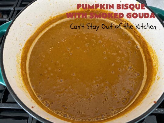 Pumpkin Bisque with Smoked Gouda | Can't Stay Out of the Kitchen | this easy 30 minute #recipe includes the savory flavors of #bacon, #GoudaCheese & #garlic & the spicy flavors of #nutmeg & #PumpkinPieSpice. This easy #soup is marvelous for weeknight suppers when you're short on time. If you have leftovers, it reheats well for lunches too. #PumpkinSoup #GlutenFree #pork #PumpkinSeeds #PumpkinBisqueWithSmokedGouda #30MinuteRecipe