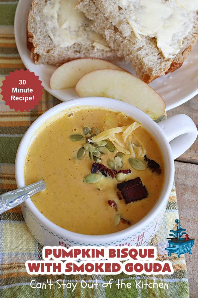 Pumpkin Bisque with Smoked Gouda | Can't Stay Out of the Kitchen | this easy 30 minute #recipe includes the savory flavors of #bacon, #GoudaCheese & #garlic & the spicy flavors of #nutmeg & #PumpkinPieSpice. This easy #soup is marvelous for weeknight suppers when you're short on time. If you have leftovers, it reheats well for lunches too. #PumpkinSoup #GlutenFree #pork #PumpkinSeeds #PumpkinBisqueWithSmokedGouda #30MinuteRecipe