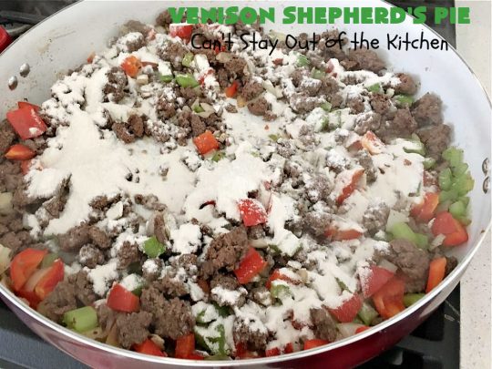 Venison Shepherd's Pie | Can't Stay Out of the Kitchen | this is a fantastic #recipe for Big Game hunters - whether for #deer or #elk. It's covered with a scrumptious #MashedPotatoes layer filled with #CheddarCheese & #ParmesanCheese. It's incredibly tasty and wonderful for family or company dinners or #potlucks. #ShepherdsPie #VenisonShepherdsPie #DeerPie #venison #VenisonPie #GlutenFree #GroundDeerMeat